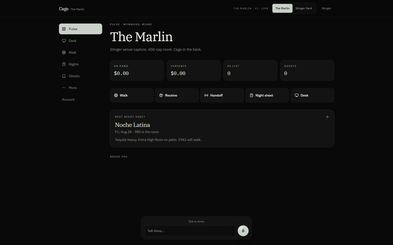 Cage Pulse dashboard showing The Marlin, a demo venue in Wynwood, Miami — on-the-book count, wait list, till, queued totals, and the Walk / Receive / Handoff / Night-sheet / Desk action tiles, with the Talk to Anna voice bar