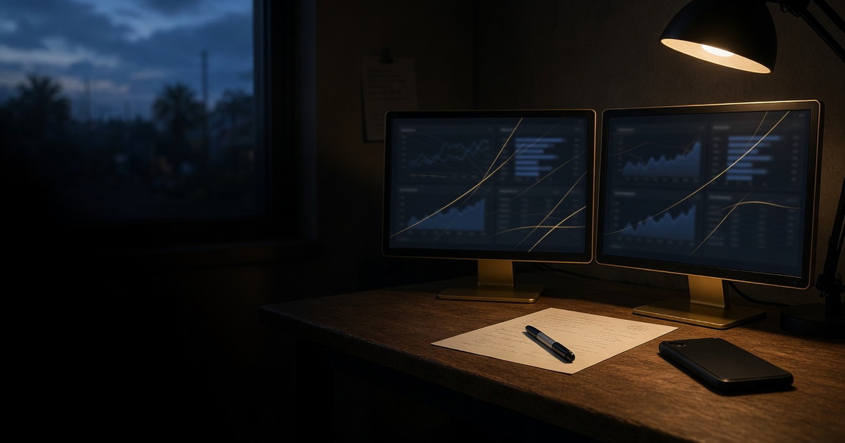 The Command Center desk at night — dual monitors showing live proposal and revenue dashboards