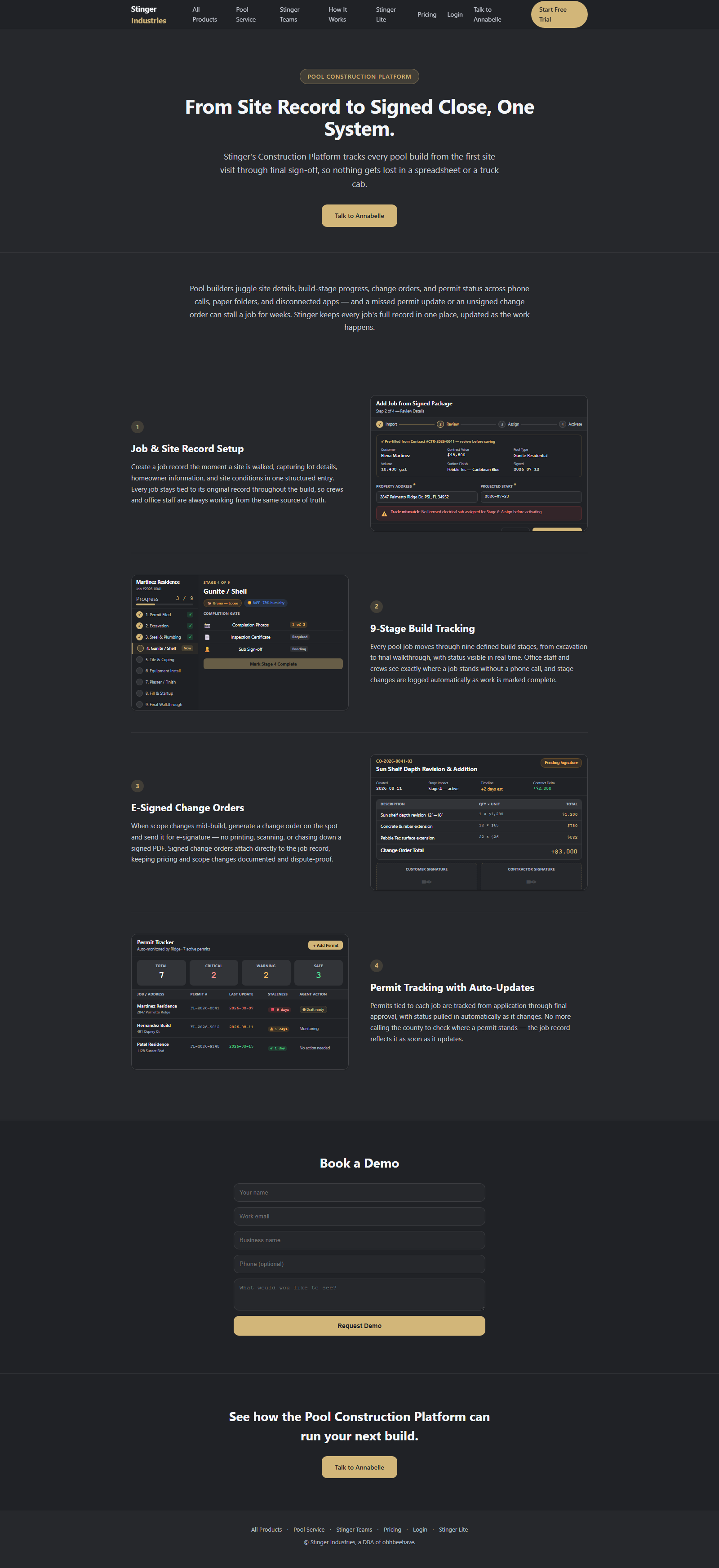 Pool Construction Platform marketing view — phase-gated build tracking with illustrative demo job records, not a live customer project