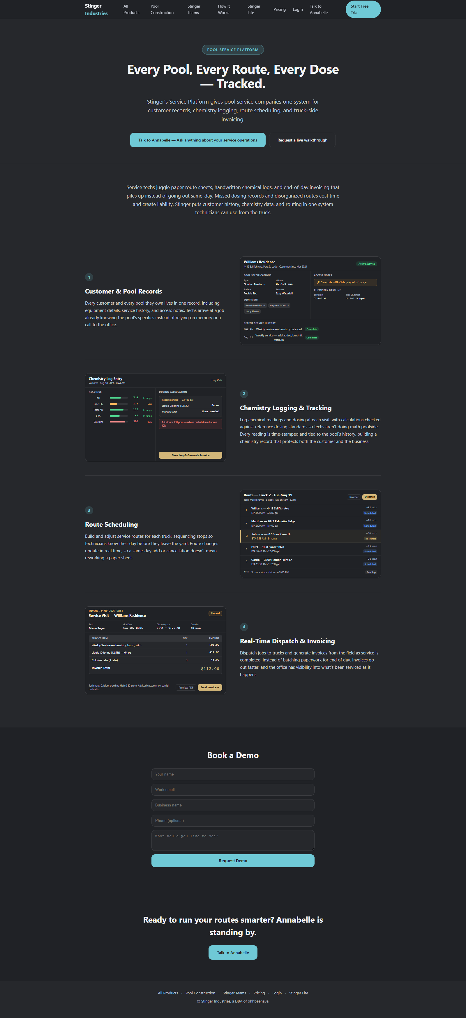 Pool Service Platform marketing view — routes, chemistry, and invoicing with illustrative demo stops, not a live customer route