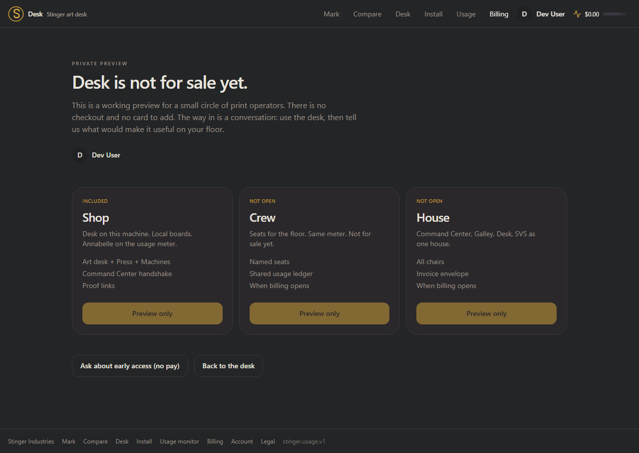 Desk's own billing page, headed Private Preview and 'Desk is not for sale yet' — three plans side by side, Shop marked Included, Crew and House both marked Not Open, and all three checkout buttons reading 'Preview only' and disabled, with 'Ask about early access (no pay)' as the only action
